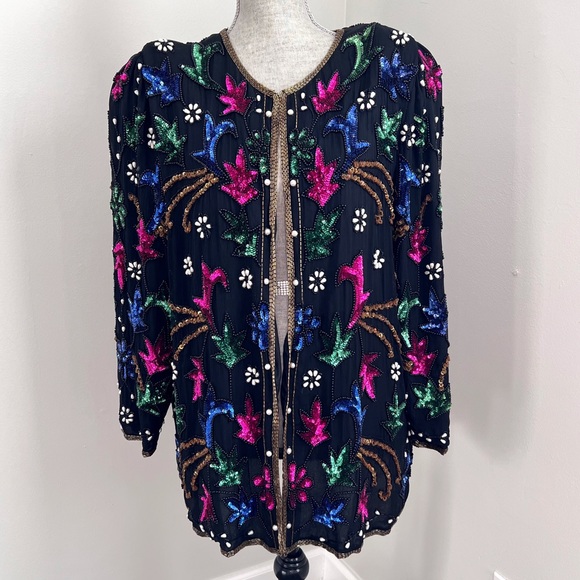 Jakelin Designs Vintage Beaded Sequin Silk Jacket 2X - Picture 5 of 16